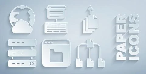 Set Browser files, Data export, Server, Data, Web Hosting, Folder tree,  an.. Stock Illustration