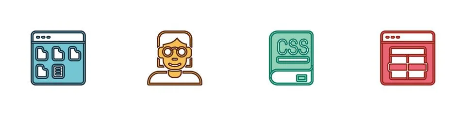 Set Browser files, Hacker or coder, Books about programming and MySQL icon Illustration