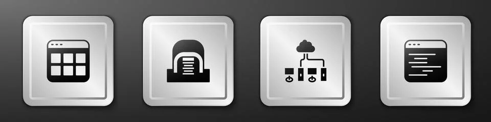 Set Browser files, Hangar with servers, Computer network and Software icon Illustrazione stock