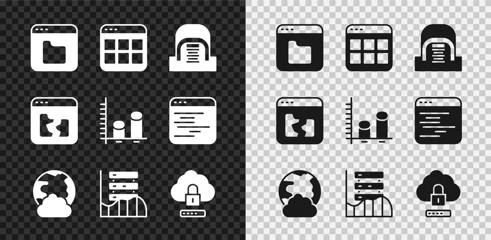 Set Browser files, Hangar with servers, Social network, Server, Data, Web Hos Stock Illustration