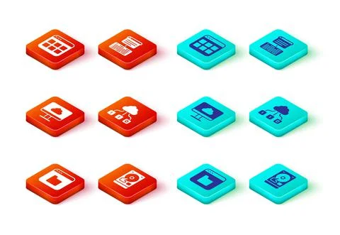 Set Browser files, Hard disk drive HDD, Cloud technology data transfer, Server Stock Illustration