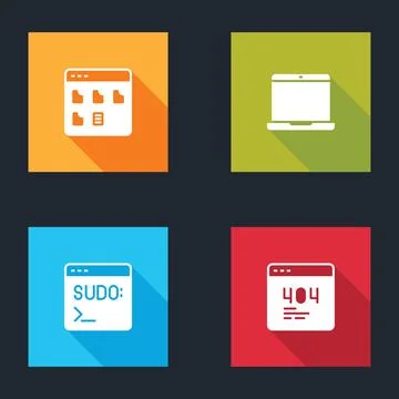 Set Browser files, Laptop, Code terminal and Page with 404 error icon. Vector Stock Illustration