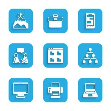 Set Browser files, Printer, Laptop, Hierarchy organogram chart, Computer monitor Stock Illustration