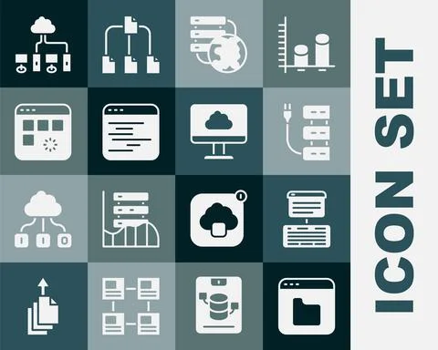 Set Browser files, Server, Data, Web Hosting, Network cloud connection, Software Stock Illustration