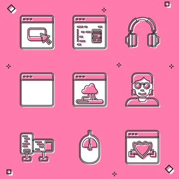 Set Browser files, Software, Headphones, window, Cloud technology data transfer Illustrazione stock