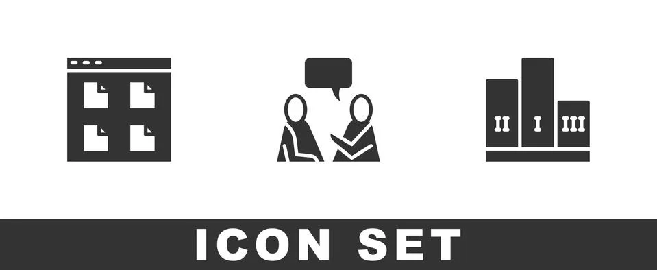 Set Browser files, Two sitting men talking and Award over winner podium icon Stock Illustration