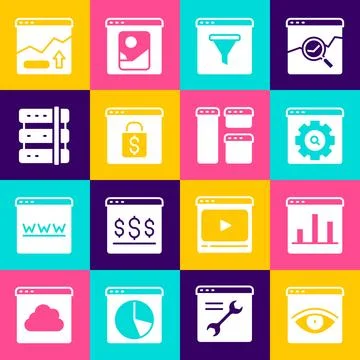 Set Browser incognito window, Graph chart infographic, setting, Online shop.. Ilustração Stock