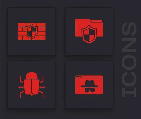 Set Browser incognito window, Shield with brick wall, Document folder protection Illustrazione stock
