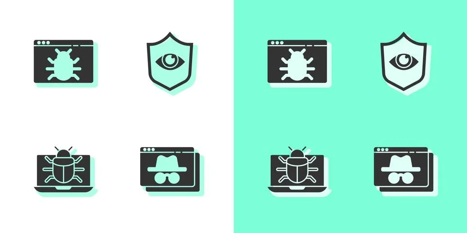 Set Browser incognito window, System bug, on monitor and Shield and eye icon Stock Illustration