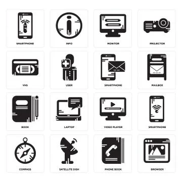 Set of Browser, Phone book, Compass, Video player, Book, Smartphone, Vhs, Mon Illustrazione stock gratuita