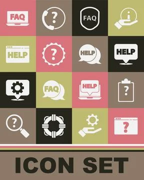 Set Browser with question mark, Clipboard marks, Speech bubble text Help, Shield Stock Illustration