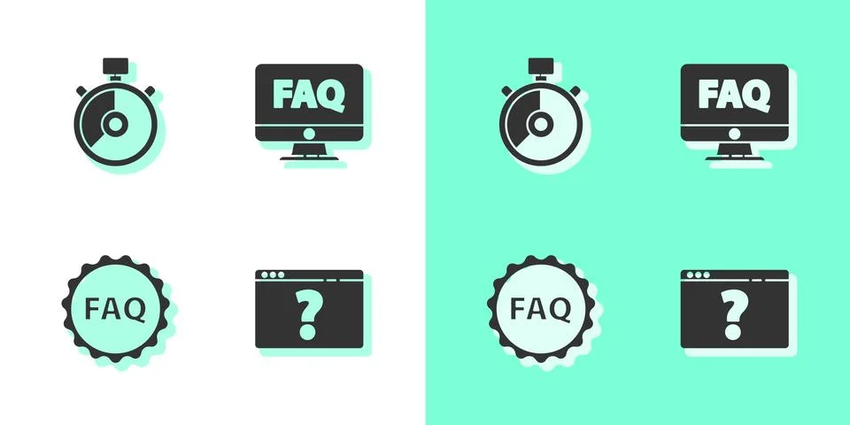 Set Browser with question mark, Stopwatch, Label text FAQ and Computer monitor Stock Illustration