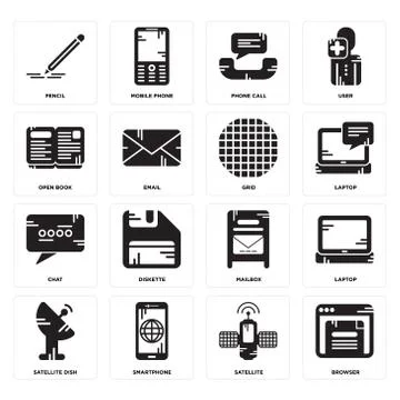 Set of Browser, Satellite, Satellite dish, Mailbox, Chat, Grid, Open book, Ph 무료 스톡 일러스트