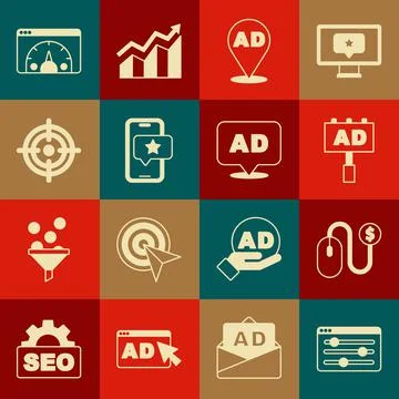 Set Browser setting, Advertising, Mobile with review rating, Target, Website  Stock Illustration