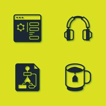 Set Browser setting, Cup of tea with tea bag, Flowchart and Headphones icon 스톡 일러스트