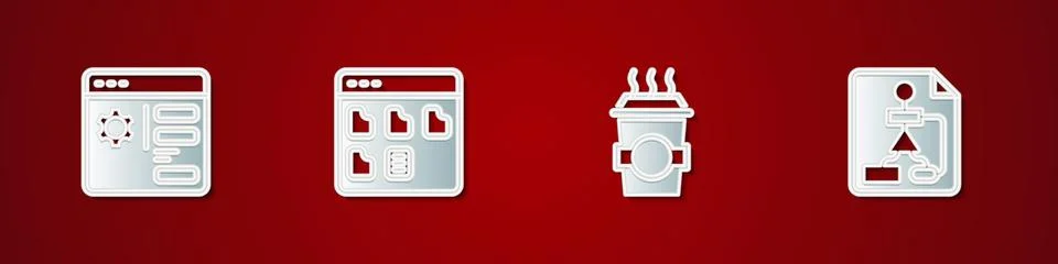 Set Browser setting, files, Coffee cup to go and Flowchart icon. Vector 스톡 일러스트