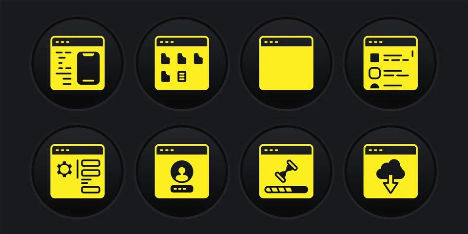 Set Browser setting, files, Create account screen, Loading data window, Cloud Stock Illustration