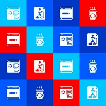Set Browser setting, Flowchart, Search engine and Coffee cup to go icon. Vector Stock Illustration