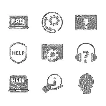 Set Browser setting, Information, Support operator touch, Headphones, Laptop  Stock Illustration