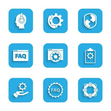 Set Browser setting, Label with text FAQ, Lifebuoy, Checklist 24 hours service 스톡 일러스트