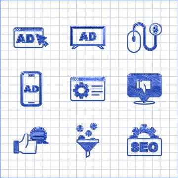 Set Browser setting, Lead management, SEO optimization, Dislike speech bubble Stock Illustration