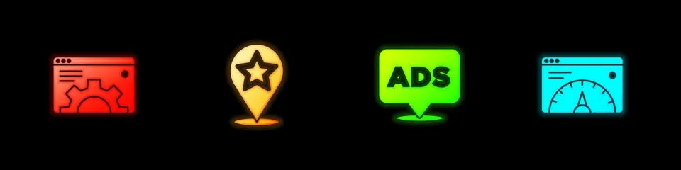 Set Browser setting, Map pointer with star, Advertising and Website statistic Stock Illustration