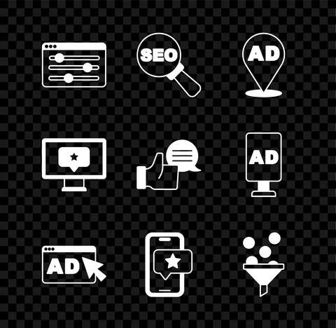 Set Browser setting, SEO optimization, Advertising, Mobile with review rating Stock Illustration