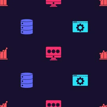 Set Browser setting, Server, Data, Web Hosting, Monitor with password and Pie Stock Illustration
