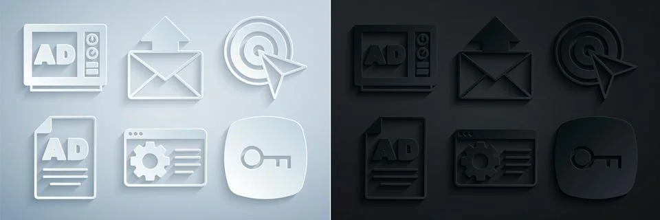 Set Browser setting, Target, Advertising, Key, Mail and e-mail and icon. Vector Stock Illustration