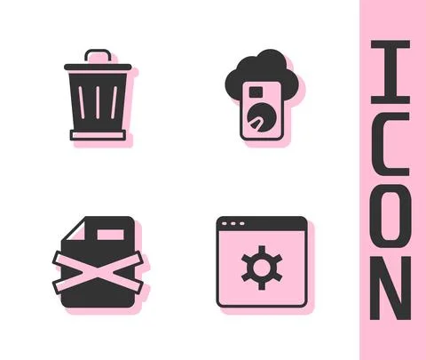 Set Browser setting, Trash can, Delete file document and Cloud database icon 스톡 일러스트