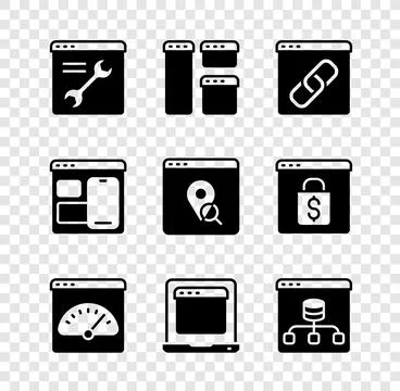 Set Browser setting, window, Digital speed meter, Laptop with browser, Server Illustrazione stock