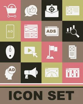 Set Browser setting, window, Magnifying glass and analysis, Mail e-mail Illustrazione stock