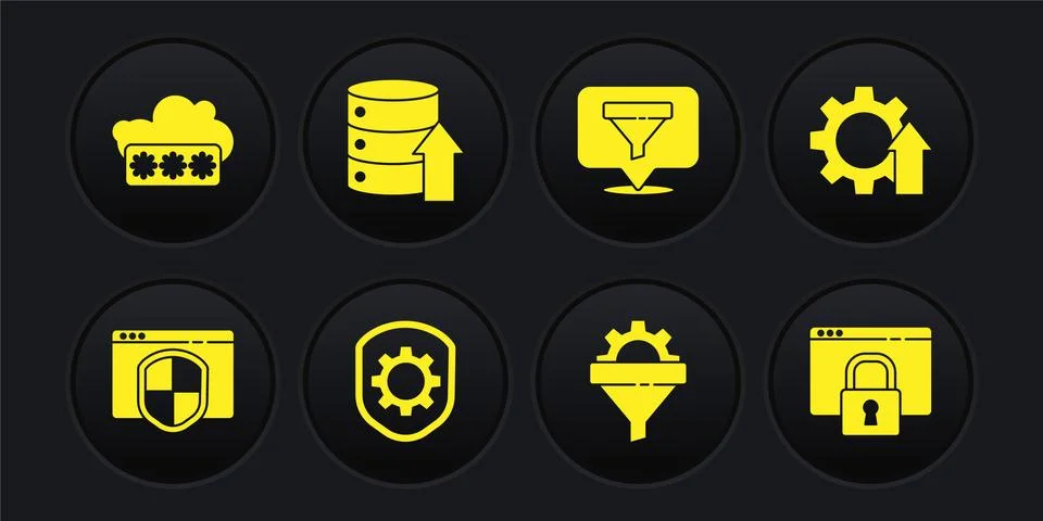 Set Browser with shield, Arrow growth gear, Shield settings, Sales funnel Ilustración de archivo