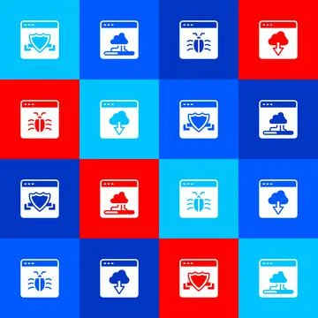 Set Browser with shield, Cloud technology data transfer, System bug and  icon Stock Illustration