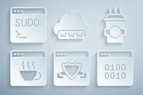 Set Browser with shield, Coffee cup to go, Software, Binary code, Web Stock Illustration