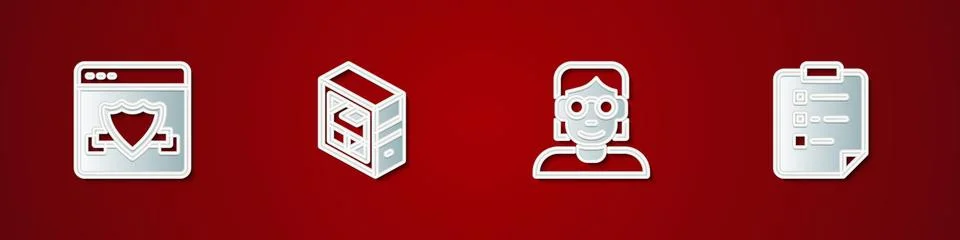 Set Browser with shield, Computer, Hacker or coder and Clipboard checklist .. Illustrazione stock