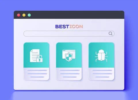 Set Browser with shield, Document and lock and System bug icon. Vector Illustrazione stock