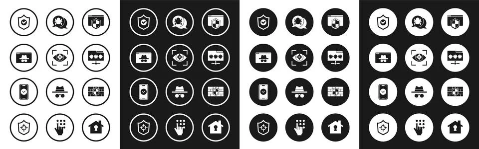 Set Browser with shield, Eye scan, incognito window, Shield check mark, Folder Stock Illustration