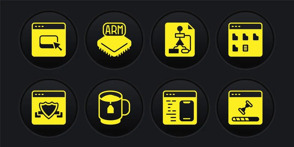 Set Browser with shield, files, Cup of tea tea bag, Software, Flowchart Illustrazione stock