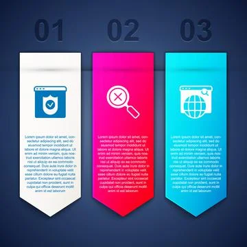 Set Browser with shield, Magnifying glass and delete and Search engine. Business Stock Illustration