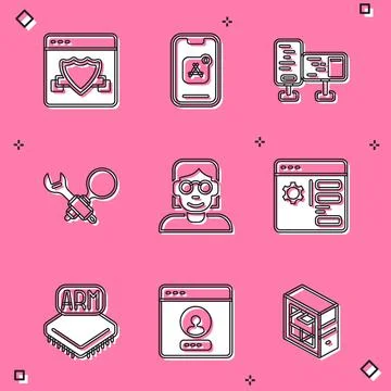 Set Browser with shield, Mobile Apps, Computer monitor screen, Debugging, Hacker イラスト素材