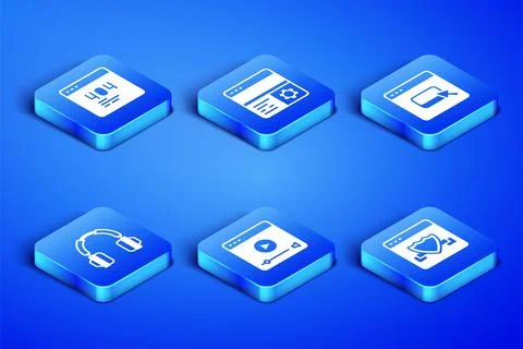 Set Browser with shield, Page a 404 error, Online play video, Headphones イラスト素材