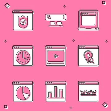 Set Browser with shield, Search engine, Laptop browser window, Online play video Stock Illustration