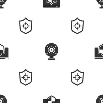 Set Browser with shield, Security camera and Shield on seamless pattern. Vector イラスト素材