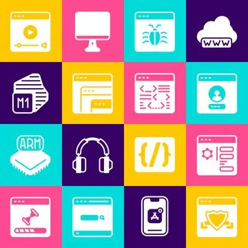 Set Browser with shield, setting, Create account screen, System bug, Software Stock Illustration