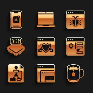 Set Browser with shield, Software, Cup tea tea bag, setting, Flowchart イラスト素材