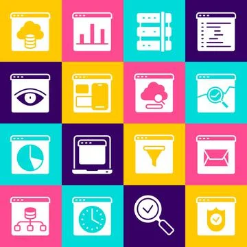 Set Browser with shield, Website and mail, stocks market, Server, developer 스톡 일러스트