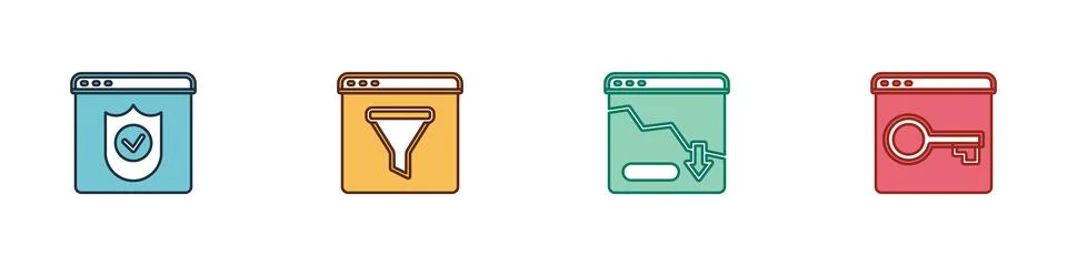 Set Browser with shield, window, Financial growth decrease and Secure your site Illustrazione stock