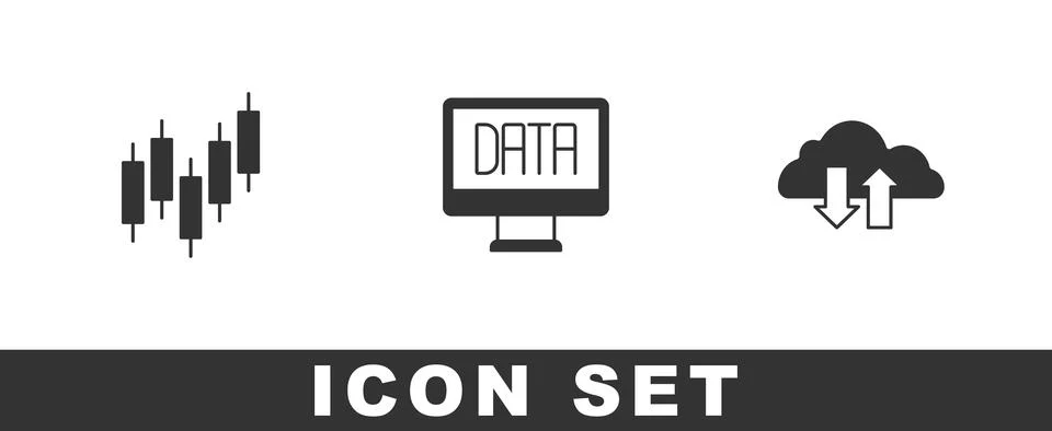 Set Browser with stocks market, Data analysis and Cloud download and upload icon Stock Illustration
