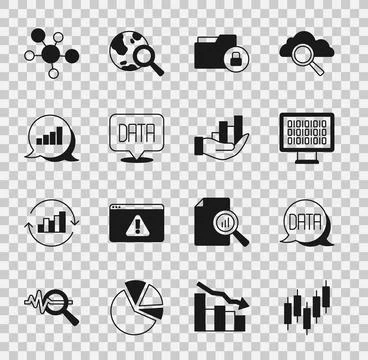 Set Browser with stocks market, Data analysis, Binary code, Folder and lock, Pie Stockillustratie